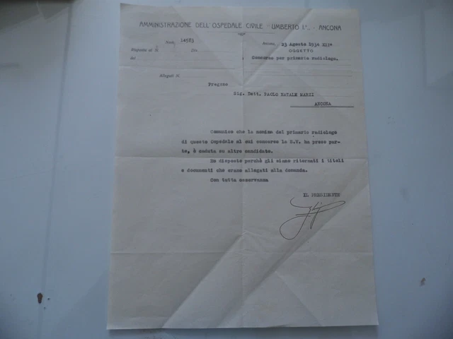 "AMMINISTRAZIONE DELL'OSPEDALE CIVILE UMBERTO I° ANCONA Concorso Primario" 1934