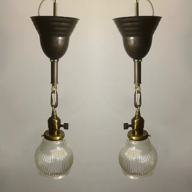 wired Pair Brass Pendant Lights Turnkey Sockets Nice Glass Shades 10G