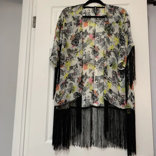 $68 Design Lab 3/4 Floral Kimono With Black Fringe Size M