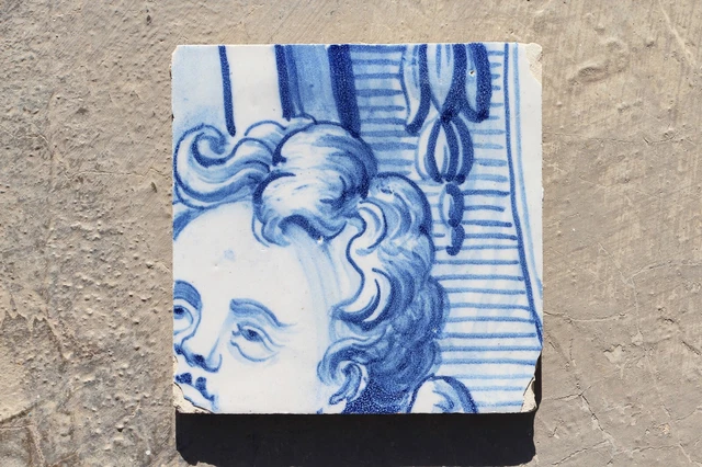18th Century Blue and White Portuguese Angel Face Tile, Antique