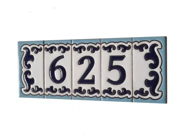 7.5 x 3.7 cm Hand-painted M-02 Ceramic Spanish Blue Number Tiles & Metal Frames