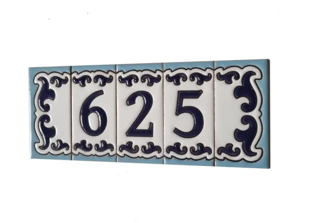 7.5 x 3.7cm Hand-painted M-02 Ceramic Spanish Blue Number Tiles & Metal Frames