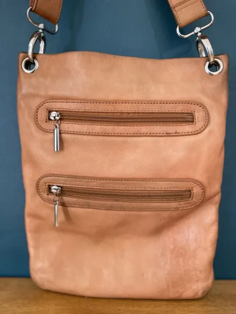 Margot  Soft Camel Brown Pebbled Leather Triple Zipper Crossbody Purse Bag