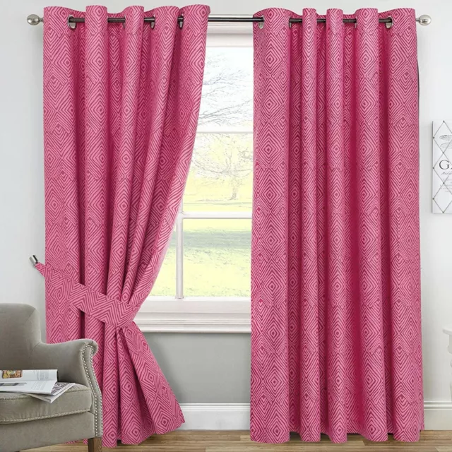 Eyelet Curtains Set Hot Pink Dark Zigzag Geometric Abstract Lined **CLEARANCE**