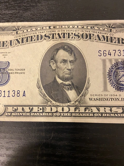 Series 1934 D $5 Five Dollar Silver Certificate Blue Seal   F 2078 5