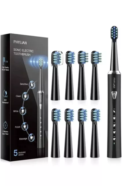 Phylian Sonic Electric Toothbrush Oral Black 8 heads 5 Modes Rechargeable unisex