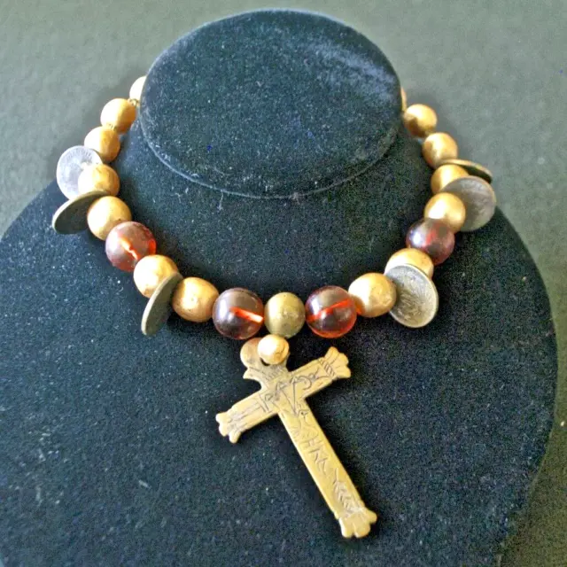 Colonial Period Chaplet Bracelet with Old Coins Oaxaca Cross Pendant and Beads