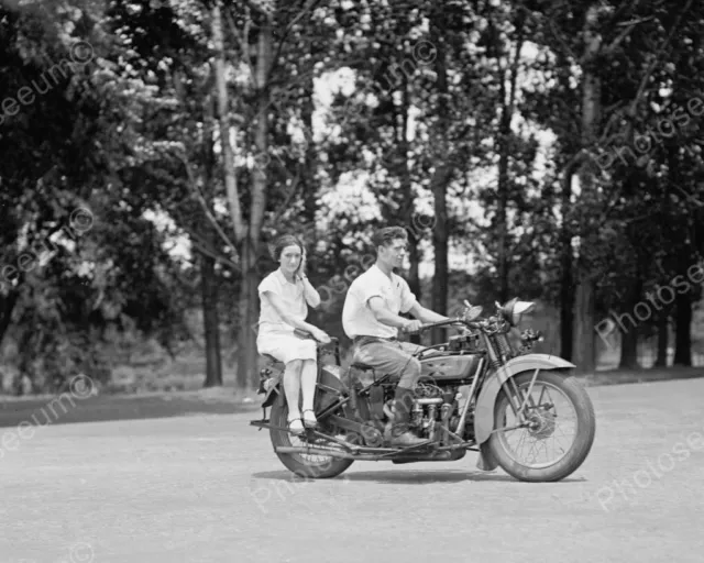 Young Couple Riding Excelsior Motorcycle 1920   8" - 10" B&W Photo Reprint