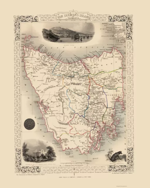 Van Diemens Land Tasmania Australia - Tallis 1851 - 23.00 x 28.83