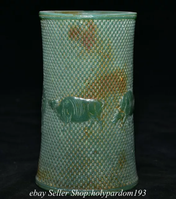 5.4" Old Chinese Green Jade Carved Dynasty Five Cattle Ox Pattern Brush pot