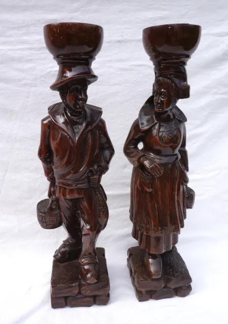 Quimper Couple Breton Wood Carved Pair Statue Figure Coming Back Market