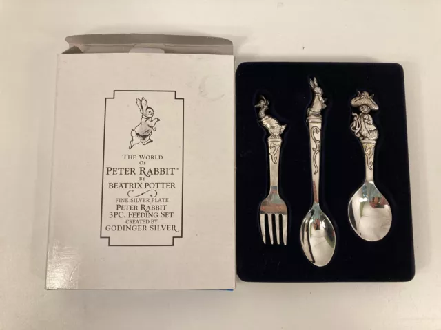 Beatrix Potter Peter Rabbit Godinger Silver 3 Piece Feeding Set Spoons Fork