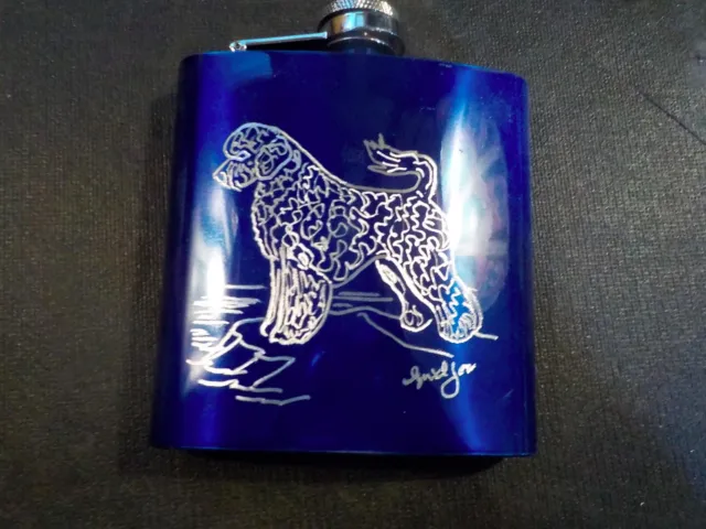 Portuguese water dog hand carved and signed stainless steel hip flasks