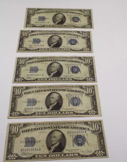 Complete 1934 Series Silver Certificate $10 Blue Seal Avg Circ 5 Notes -,A,B,C,D