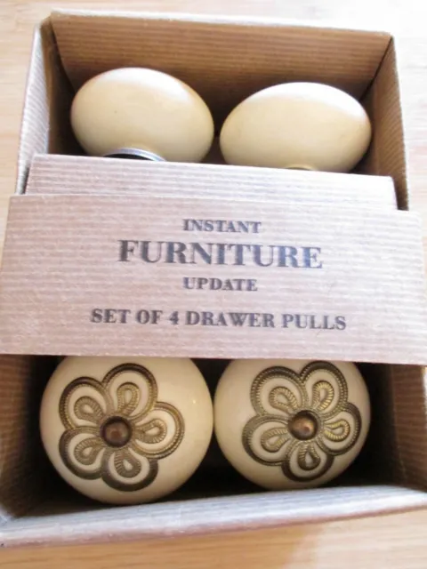 NEW Drawer Pulls Set of 4 Ceramic Knobs Knob Ivory Metal Overlay