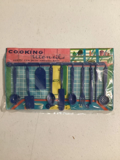 Vintage Five and Dime Toy Hanging Cooking Utensils Blue unopened
