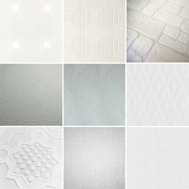 Paintable White Blown Vinyl Wallpaper Geometric Traditional Textured Embossed