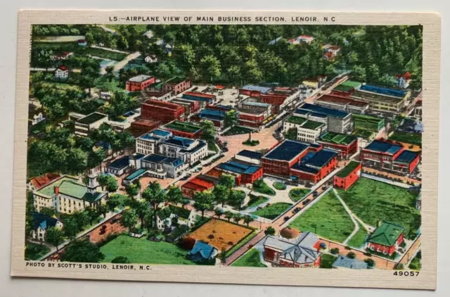 NC Postcard Lenoir North Carolina Airplane Aerial View Main Business Section