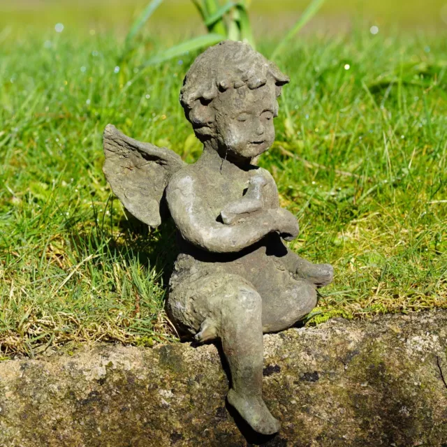 Cast Iron Sitting Cherub |Antique Style Verdigris Home Garden Ornament Sculpture