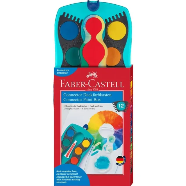 FABER CASTELL Deckfarbkasten CONNECTOR 12 Farben Malkasten türkis mit Deckweiß