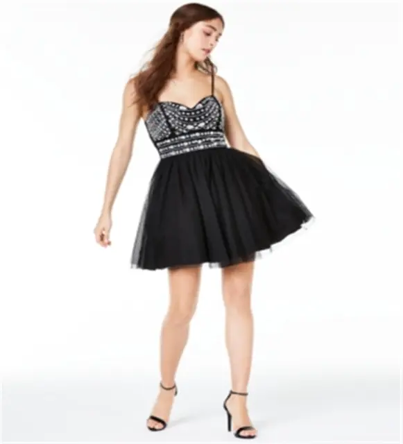 Trixxi Juniors' Embellished Mesh Fit & Flare Dress Black Size 3