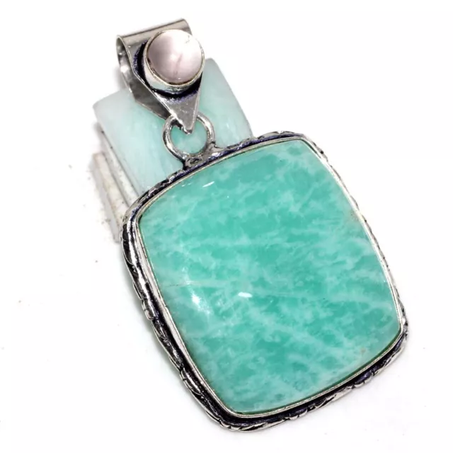 Amazonite Rose Quartz 925 Silver Plated Gemnstone Pendant 2" Superb Jewelry GW