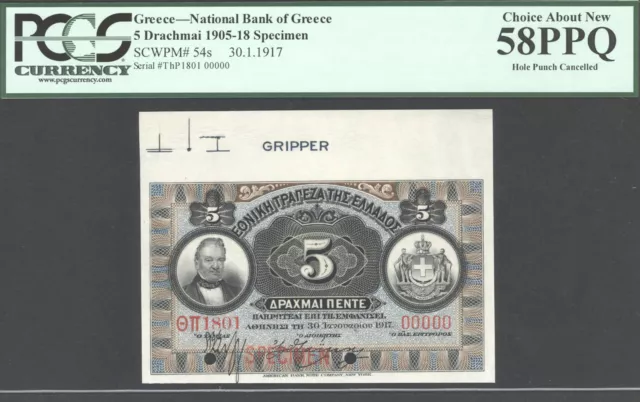 Greece, 5 Drachmai, 30.01.1917, P54s, Archival Specimen, Choice AUnc, PCGS58PPQ