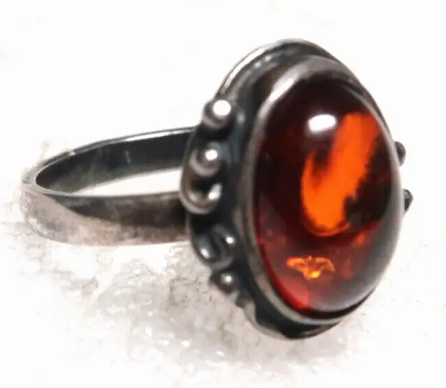 Vintage Sterling Silver Honey Baltic Amber Ring~Size 8 ~ Signed: 925