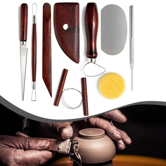 Ensemble complet d'outils de poterie avec détails aiguille argile coupe-argile