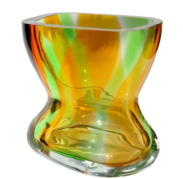 Vintage XL Murano Glas Vase Streifen grün gelb-orange gedrehte Form 3,3kg 50s