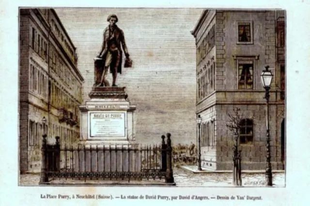 GRAVURE SUR BOIS 19ème LA PLACE PURRY NEUCHATEL SUISSE STATUE DE DAVID PURRY