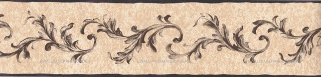 Black Scroll Acanthus Leaf on Beige Tan Architectural Wallpaper Border Decor