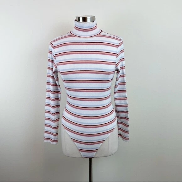American Apparel Pink White Blue Stripe Turtleneck Long Sleeve Bodysuit Large American Apparel Pink White Blue Stripe Turtleneck Long Sleeve Bodysuit Large