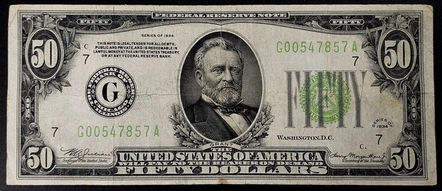 1934 $50 Federal Reserve Note, Chicago! LGS, Light Green Seal! No pinholes!
