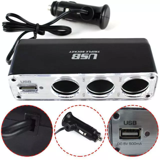 Car Cigarette Multi Socket Triple Splitter Lighter USB-Charger Adapter 12V 3Way