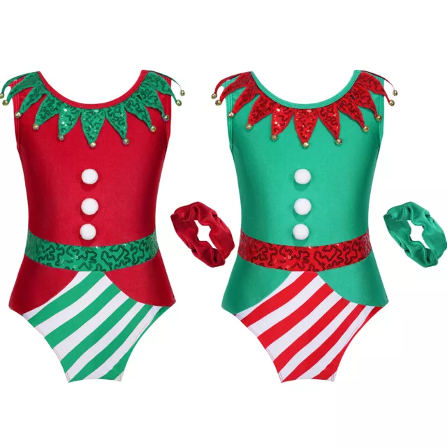 Kids Christmas Elf Dress Up Costume Sequined Dance Leotard and Headband Outfits