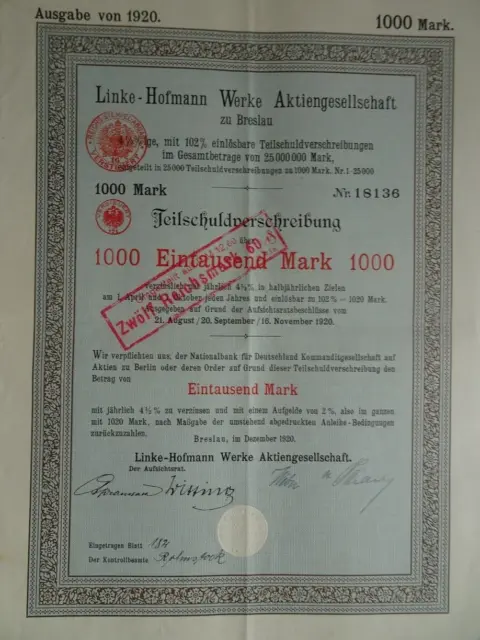Teilschuldverschreibung Linke - Hofmann Werke Aktiengesellschaft. Breslau 1920