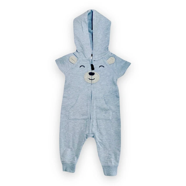 New Carters Baby Boy Coverall Blue Short Sleeve Hooded Bear Face Graphic Kids 3M