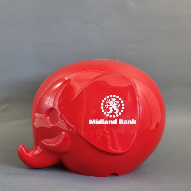 VINTAGE LRG RED Plastic Midland Bank Elephant Money Box Piggy Bank