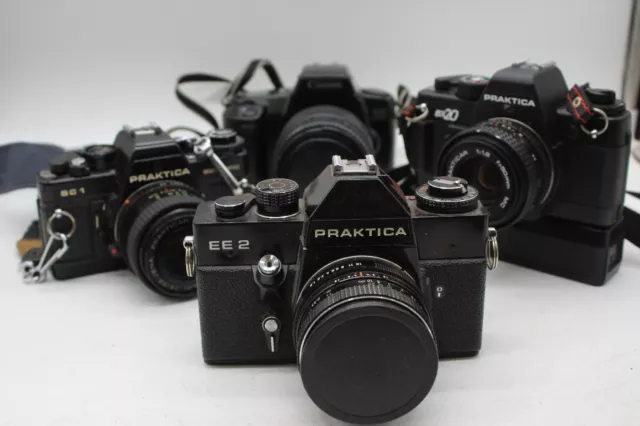 C x4 Vintage SLR Film Cameras Inc. Praktica BC1, Canon EOS 1000F, Praktica BX20