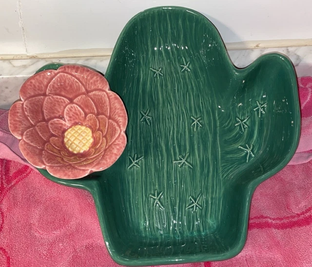 VINTAGE TREASURE CRAFT Pottery Cactus Flower Chip and Dip Bowl Set See