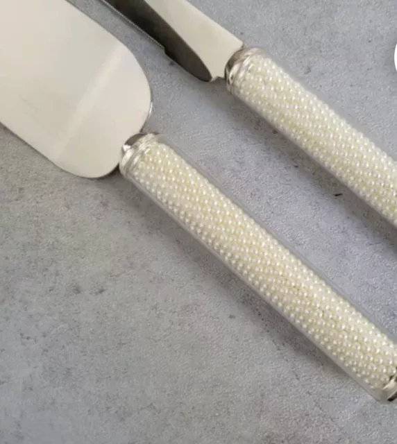 Conjunto de servidores de postres de pastel de boda Lenox Jubilee acentos de perlas 2 piezas acero inoxidable Usado en excelente estado