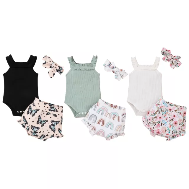 Newborn Baby Girls Outfits Ribbed Romper Tops Print Shorts Bowknot Headband Set