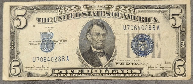 1934-D $5 Dollar Silver Certificate Blue Seal Dollar Bill (lot#4030