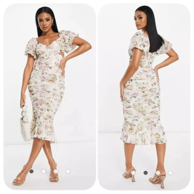 NWOT Asos puff sleeve mesh ruched wrap around pephem midi dress in soft floral p