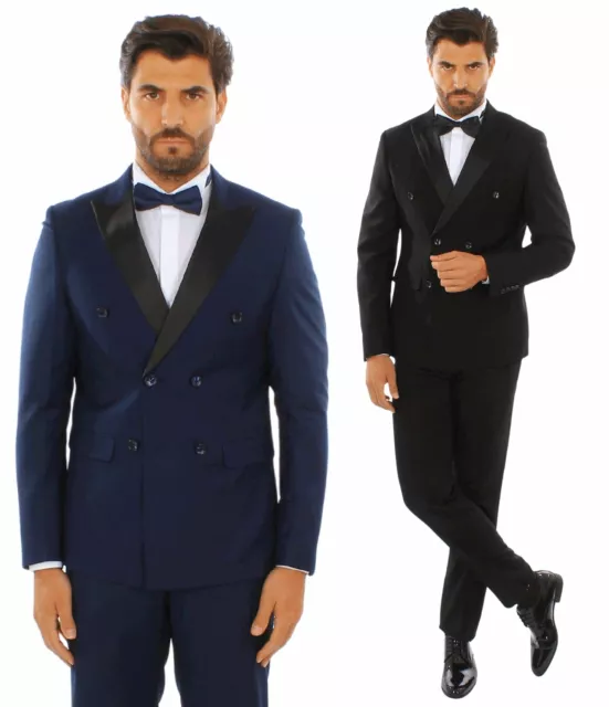 Smoking Uomo Doppiopetto Abito Doppio Petto Completo Slim Fit Rever Rasato