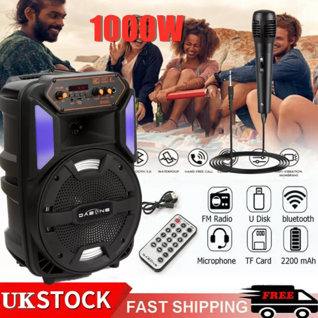8" 1000W Portable Wireless Bluetooth Speaker Rechargeable LED Party Heavy Bass