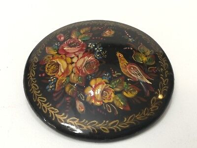 Vintage Russia Hand Painted Signed Black Lacquer Floral & Bird Round Brooch Pin