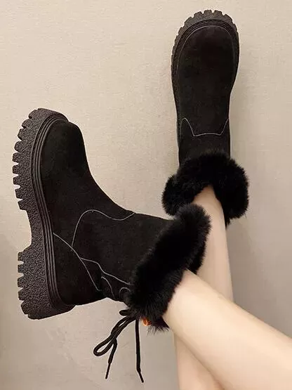 Bottines Bottes Chaussures Noir Femme Neige Fourrure Cuir Synthetique CZ337