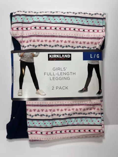 Kirkland 2 Pack Girls Full Length Legging  Size 14 Large Blue & Pink Striped NWT